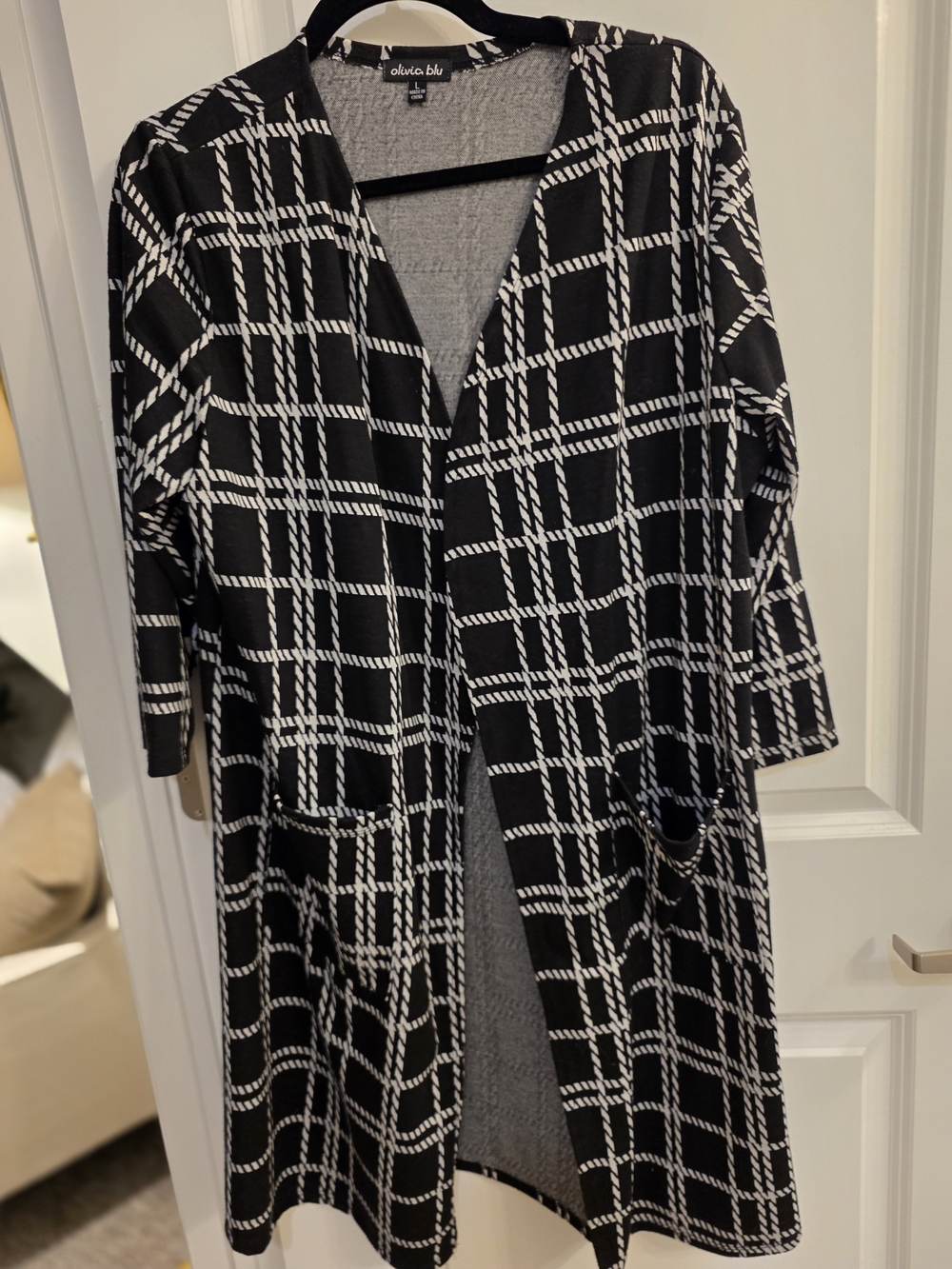 Olivia Blu Black & White Windowpane Open-Front Cardigan